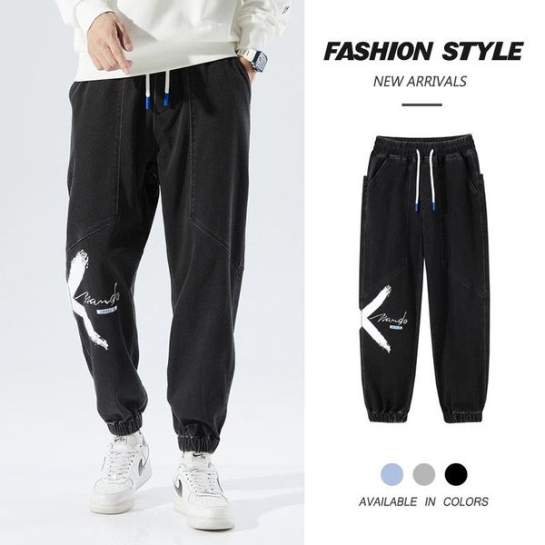 

men's jeans icclek autumn micro stretch casual washed black trousers mid-rise baggy mens plus size, Blue