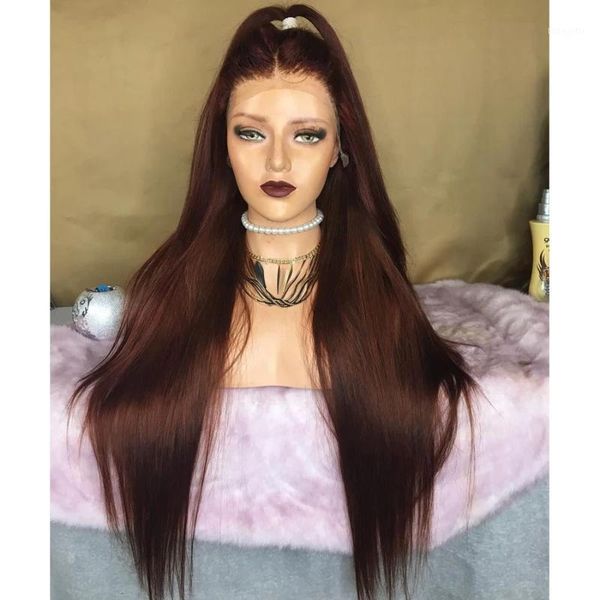 

dark reddish brown silk full lace human hair wigs with baby silky straight glueless front remy 3601, Black;brown