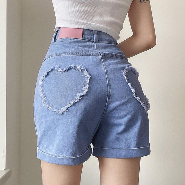 

women summer high waist denim shorts harajuku sweet frill heart applique patchwork jeans wide leg trousers streetwear women's, White;black