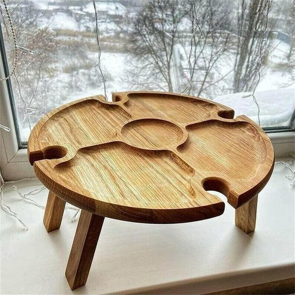 

camp furniture wooden collapsible table with grooves for goblets round shape folding picnic/ camping