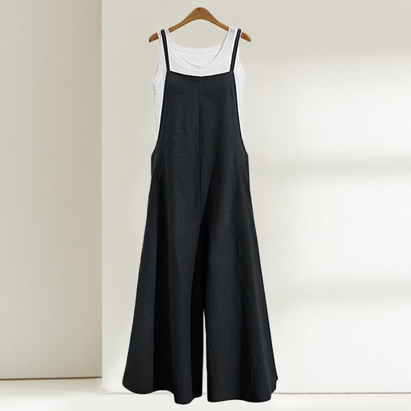 

2021women strap loose jumpsuit summer casual wide leg pants solid dungaree bib overalls sleeveless oversized cotton linen jumpsuits, Black;white
