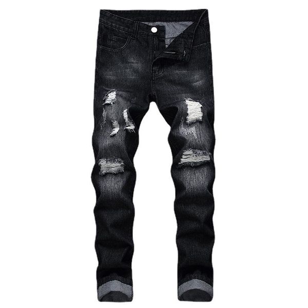 

men's jeans fashion streetwear men slim fit elastic destroyed ripped designer pants hip hop homme, Blue