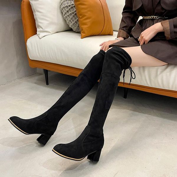 

boots women's mid calf autumn shoes winter footwear luxury designer boots-women thigh high heels round toe stil, Black