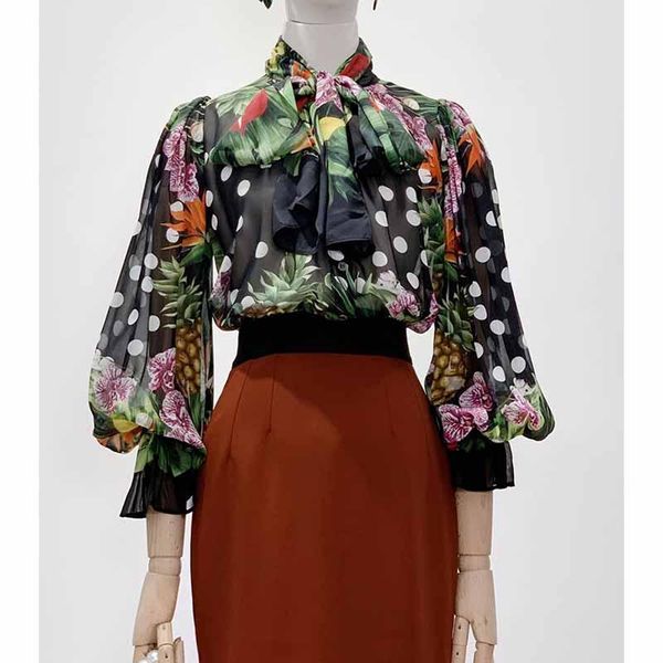 

cosmicchic 2021 autumn women chiffon silk blouses bow collar lantern-sleeve floral print shirts polka dot vintage runway women's &, White