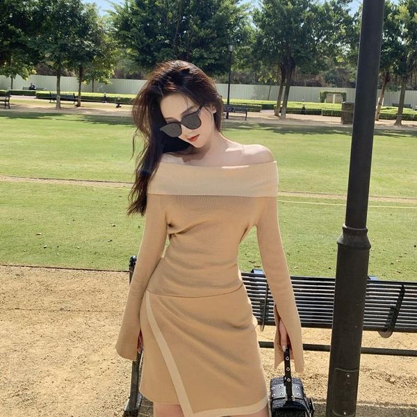 

casual dresses fashion brand women's clothing empire off shoulder dress elegant slash neck solid a-line style spring female, Black;gray
