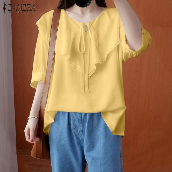 

women's blouses & shirts 2021 summer lace half sleeve tunic womens elegant hem zanzea solid ruffle blusa fashion casual loose white bl