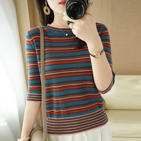 

summer 100%cotton thread short sleeve knit women's round neck pullover striped in base shirt pure cotton t-shirt, White