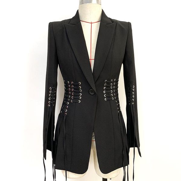 

women's suits & blazers fashion women slim blazer personality metal hole tie rope suit for star ladies small coat fit one button jacket, White;black