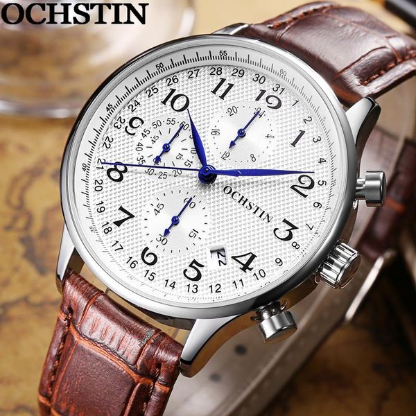 

wristwatches ochstin male clock chronograph calendar genuine leather men quartz watch military army sport man wristwatch 05, Slivery;brown