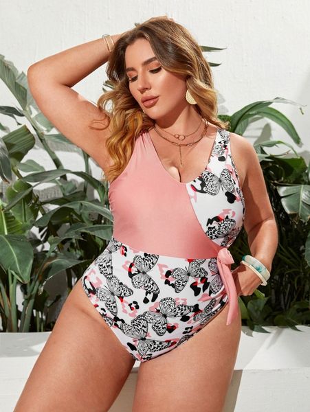 

plus butterfly print knot one piece swimsuit n3cl#, Black