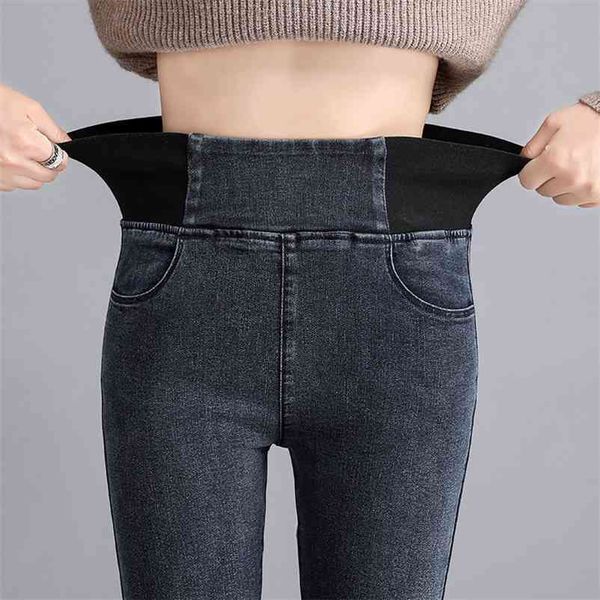 Mulheres Outono Elástico Elástico Cintura Skinny Calças de Jeans Moda Plus Size Senhoras Azul Bolso Preto Fêmea Esticar Denim Pants 210629