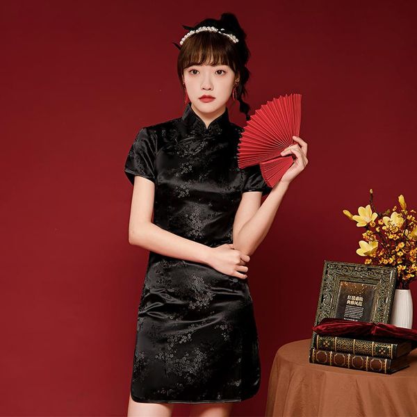 

ethnic clothing traditional women chinese qipao black mini slim split dress costume vintage classic flower cheongsam vestidos clothes, Red