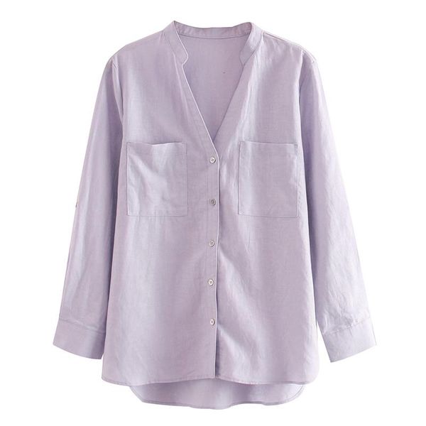 

women's blouses & shirts agong minimalist v neck women fashion light purple elegant pockets long sleeve female ladies fa, White