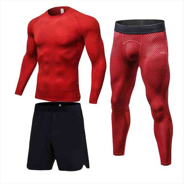 

mens sports suit 3-piece running thermal underwear compression sportswear snakeskin clothes t-shirt jogging leggings track suit, Gray