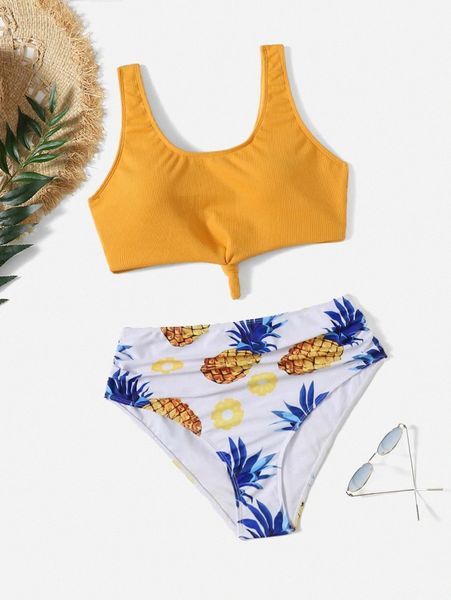 

plus pineapple print high waisted bikini swimsuit t8od#, Black