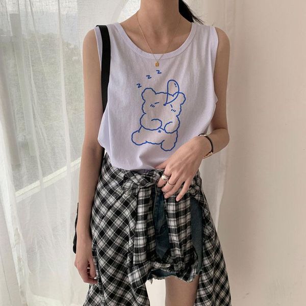 

women's tanks & camis korean cartoon bear planet pattern harajuku tank japanese kawaii sweet fashion sleeveless casual loose summer 20, White