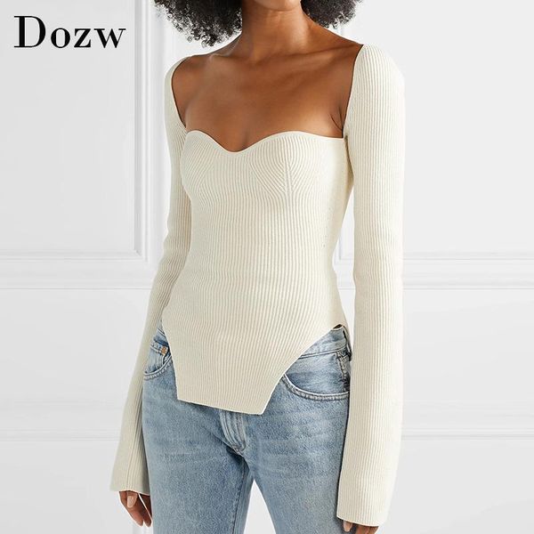 

chic solid pullover sweater women irregular hem flare long sleeve stylish knitted sweaters lady square neck women's, White;black