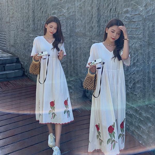 

8057# summer casual white cotton linen embroidery maternity long dress loose clothes for pregnant women plus size 3xl pregnancy dresses