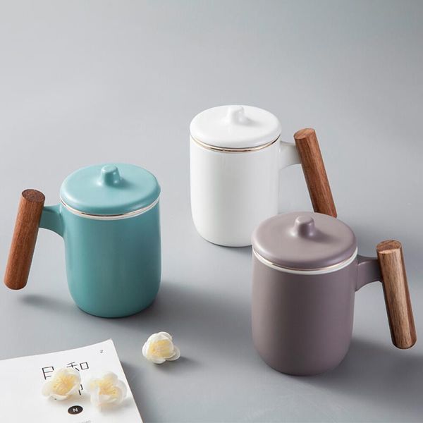 

cups & saucers ceramic tea cup mug with lid and infuser acacia wood handle coffee