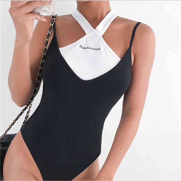 

women's jumpsuits & rompers summer women halter neck strap bodysuits patchwork female sea side clubwear casual bodysuit playsuits trous, Black;white