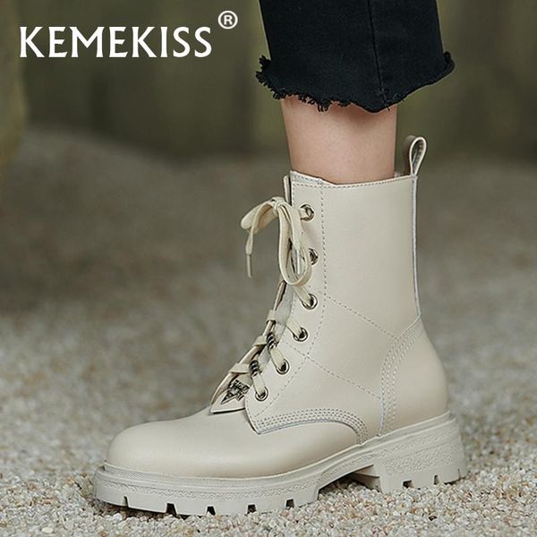 

boots kemekiss size 33-40 genuine leather women's ankle shoes low heels lace up winter warm fashion short boot ladies footwear, Black