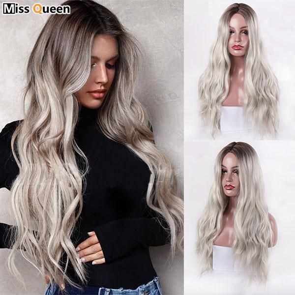 

long womens wigs ombre platinum blonde heat resistant part side synthetic wavy for african american women cosplay1, Black