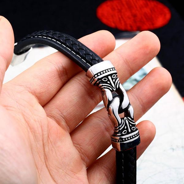 

link, chain steel soldier viking celtics rune bracelet norse hammer bangle leather wrap amulet talisman jewelry for men and women, Black
