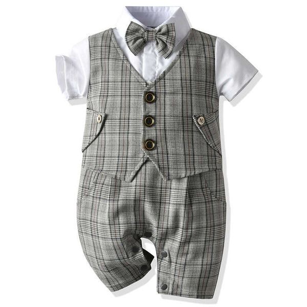 

baby boy christening birthday outfit kids plaid suits born gentleman wedding bowtie formal clothes infant summer clothing set 210615, White