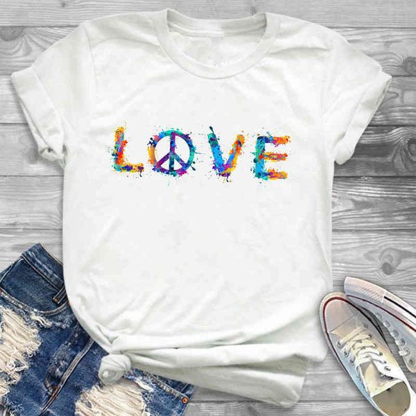 

women's t-shirt women fashion love peace watercolor casual print womens female graphic t streetwear tee tees t-shirts zfem, White