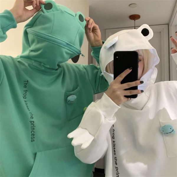 

frog hoodie women cute funny embroidery letter plus velvet thickened kawaii harajuku streetwear christmas oversized hoodie 210927, Black