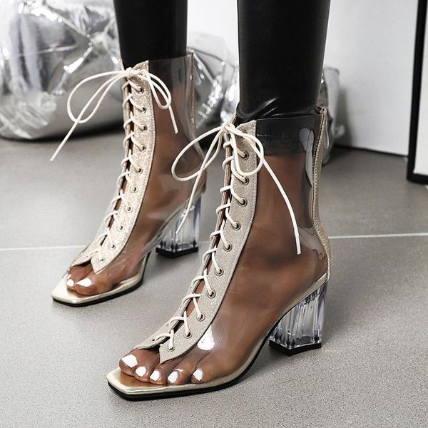 

dress shoes aiweiyi women sandals gold silver clear pvc lace up platform pumps crystal high heels summer gladiator sandalias mujer, Black