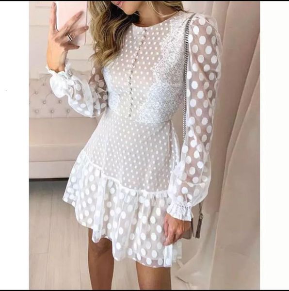 

be careful with machine wave dot stitching lace long sleeve, White;black