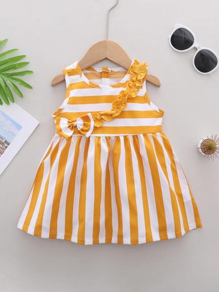 

baby girl striped ruffle trim bow front dress she, Red;yellow