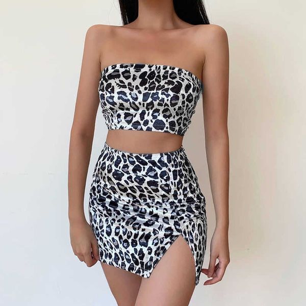 

leopard bra split skirt suit 2020 new leisure fashion foreign style navel exposed two-piece set 23317p, White