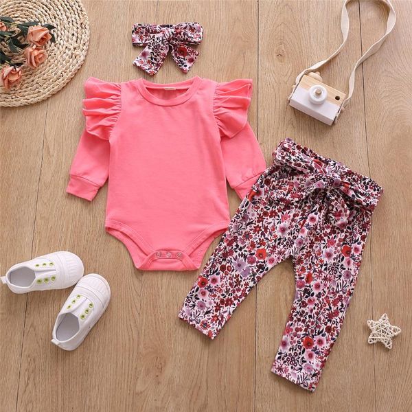 

clothing sets 0-18m infant baby girl ruffle solid color long sleeve romper floral pants+headband spring 3pcs set, White