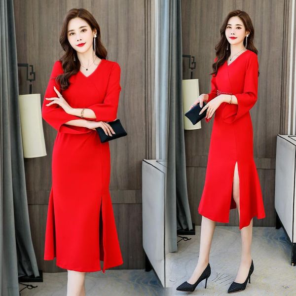 

casual dresses women elegent mermaid dress 2021 vintage party long sleeve woman autumn solid split, Black;gray