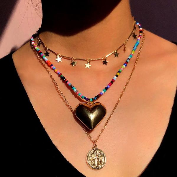 

pendant necklaces 3 pcs/set bohemian gold big love coin beaded necklace women star metal choker collar colorful acrylic seed bead strand, Silver
