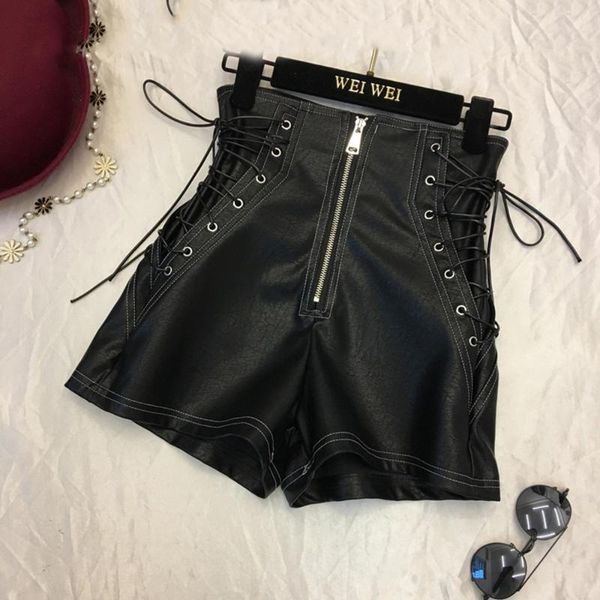 

women's pants & capris bandage pu shorts women drawstring high waist streetwear gothic white black faux leather fashion mini bottoms su, Black;white