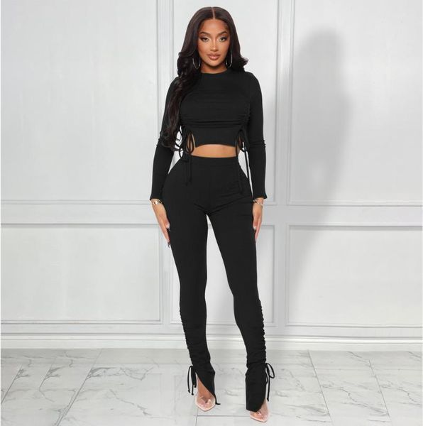 

women's two piece pants grey black khaki pant suits spring winter clothes for women ruched drawsting long sleeve crop and split hem, White