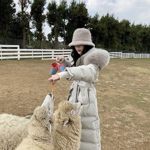 

women's down & parkas 2021 winter women big natural fur collar white duck jacket female thick coat hooded elastic waist long s1331, Black