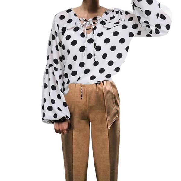 

women's blouses & shirts casual loose polka dot printed women bandage v neck long sleeve blouse shirt ladies irregular boho korean 202, White