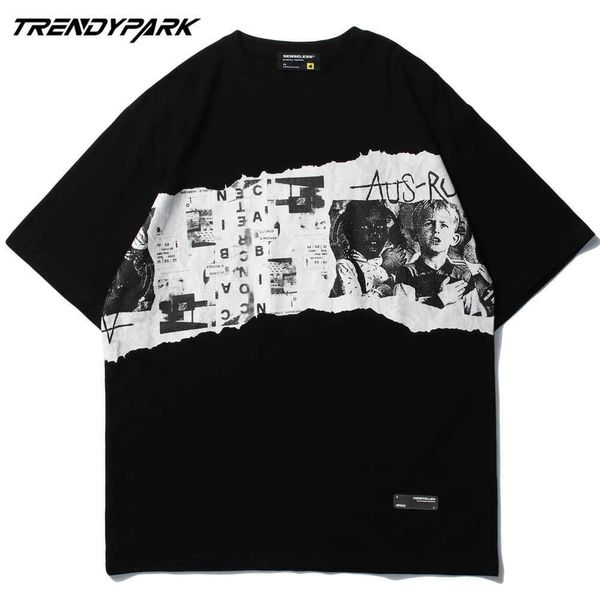 Erkek T-shirt Film Kesim Resim Baskı Vintage Stil Patchwork Hip Hop Boy Pamuk Rahat Harajuku Streetwear Üst Tee Tişörtleri 210601