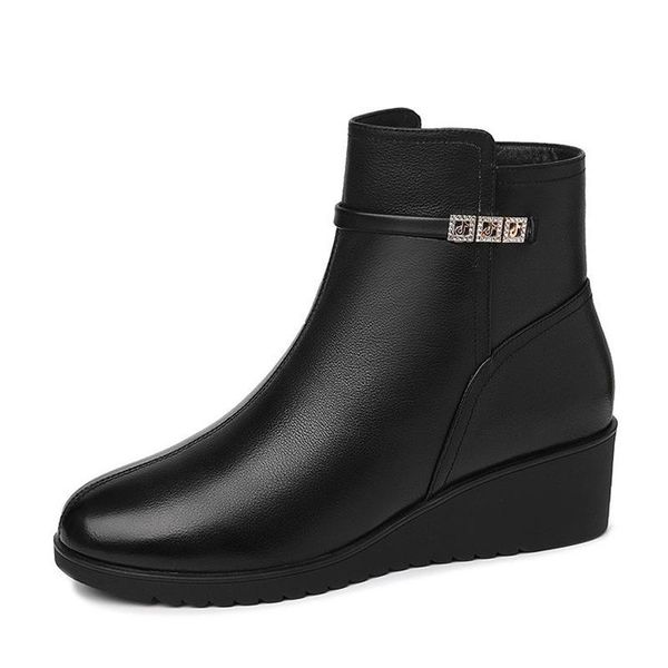 

boots winter women's ankle leather bootie casual zip boot classic black wedge shoes