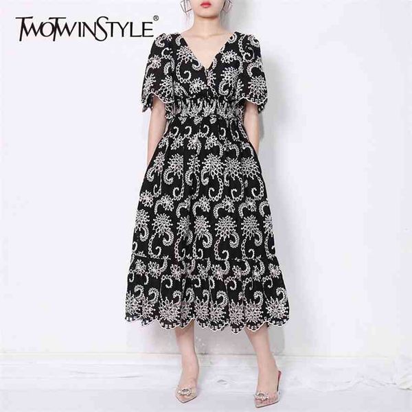 

elegant hollow out black dress for women v neck short sleeve high waist solid female fashion clothing 210520, Black;gray