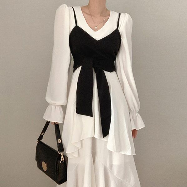 

casual dresses elegant v-neck puff sleeve for women irregular ruffles patchwork temperament solid midi vestidos korean autumn chic robe, Black;gray