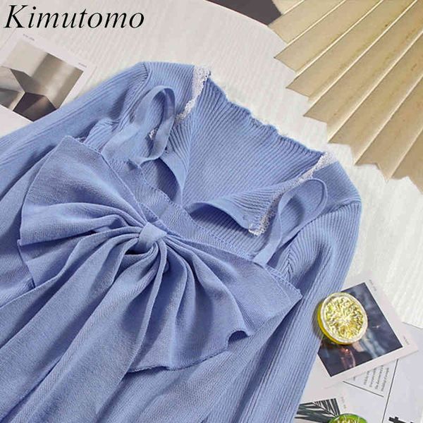 

kimutomo girls sweet suit spring ins bow slings and lace patchwork knitted cardigan women fashion two-piece set elegant 210521, White