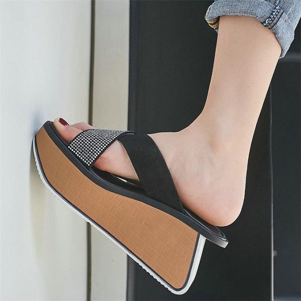 

women genuine leather platform wedge high heel roman gladiator sandals female open toe party flip flops slip on rivet pumps, Black