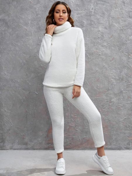 

high neck shearling pullover & leggings set v8da#, White