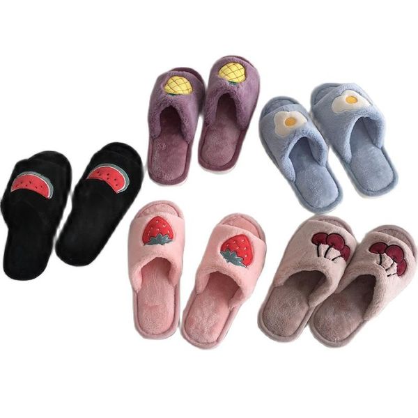 

slippers 2021 winter women's home shoes embroidery fruit pattern cotton cute cartoon plush comfortable non-slip, Black