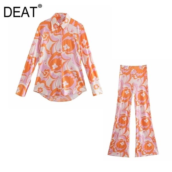 

[deat] summer fashion turn-down collar printing shirt high waist elasticity flare pants women two-piece suit 13q131 210527, White